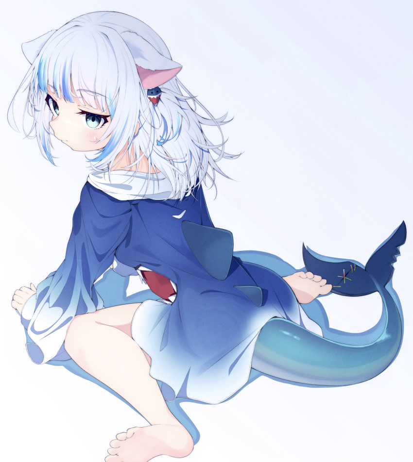 1girl, absurdres, animal_ears, aqua_eyes, barefoot, bite_mark, blue_hair, blue_hoodie