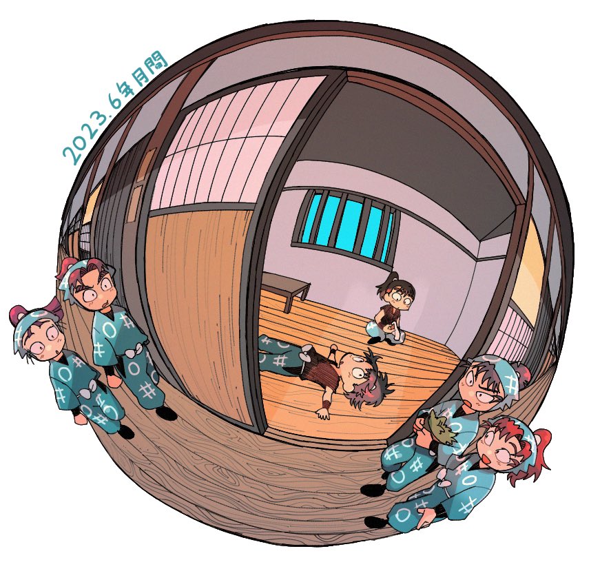 6+boys, aqua_pants, aqua_shirt, armor, barred_window, basket, black_footwear, black_undershirt