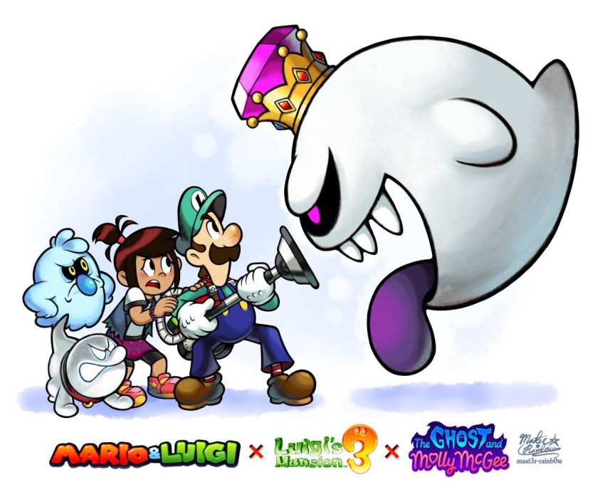1girl, 4boys, artist_request, brown_eyes, brown_hair, child, crossover, full_body, king_boo, long_hair, luigi's_mansion, luigi's_mansion_3, mario_&amp;_luigi_rpg, masanori_sato_(style), molly_mcgee, multiple_boys, non-web_source, poltergust_g-00, polterpup, ponytail, scratch_(the_ghost_and_molly_mcgee), shirt, short_hair, skirt, super_mario_bros., the_ghost_and_molly_mcgee, vest, white_shirt