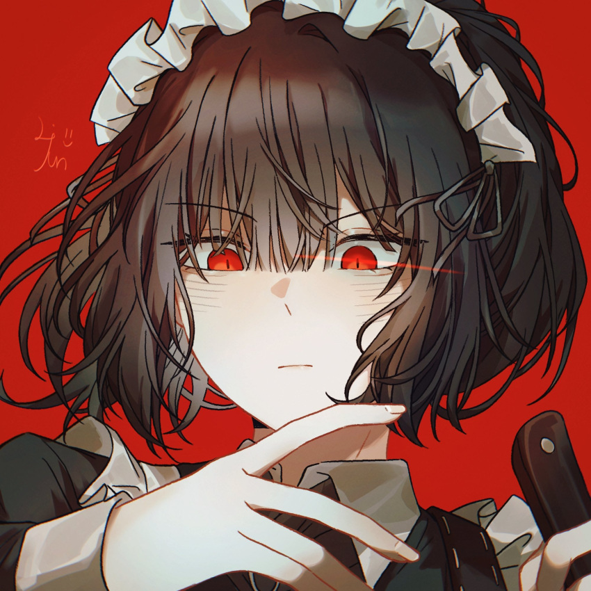 1girl, ascot, black_ascot, closed_mouth, collared_shirt, edgar_family_chief_butler_ryoshu_(project_moon), hand_up, highres, holding, holding_knife, knife, laenjen78201, limbus_company, looking_down, maid, maid_headdress, portrait, project_moon, red_background, red_eyes, ryoshu_(project_moon), shirt, sidelocks, solo, white_shirt