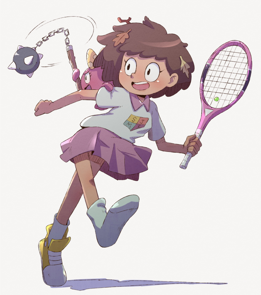 1girl, 2girls, amphibia, anne_boonchuy, area112, ball_and_chain_(weapon), brown_eyes, brown_hair
