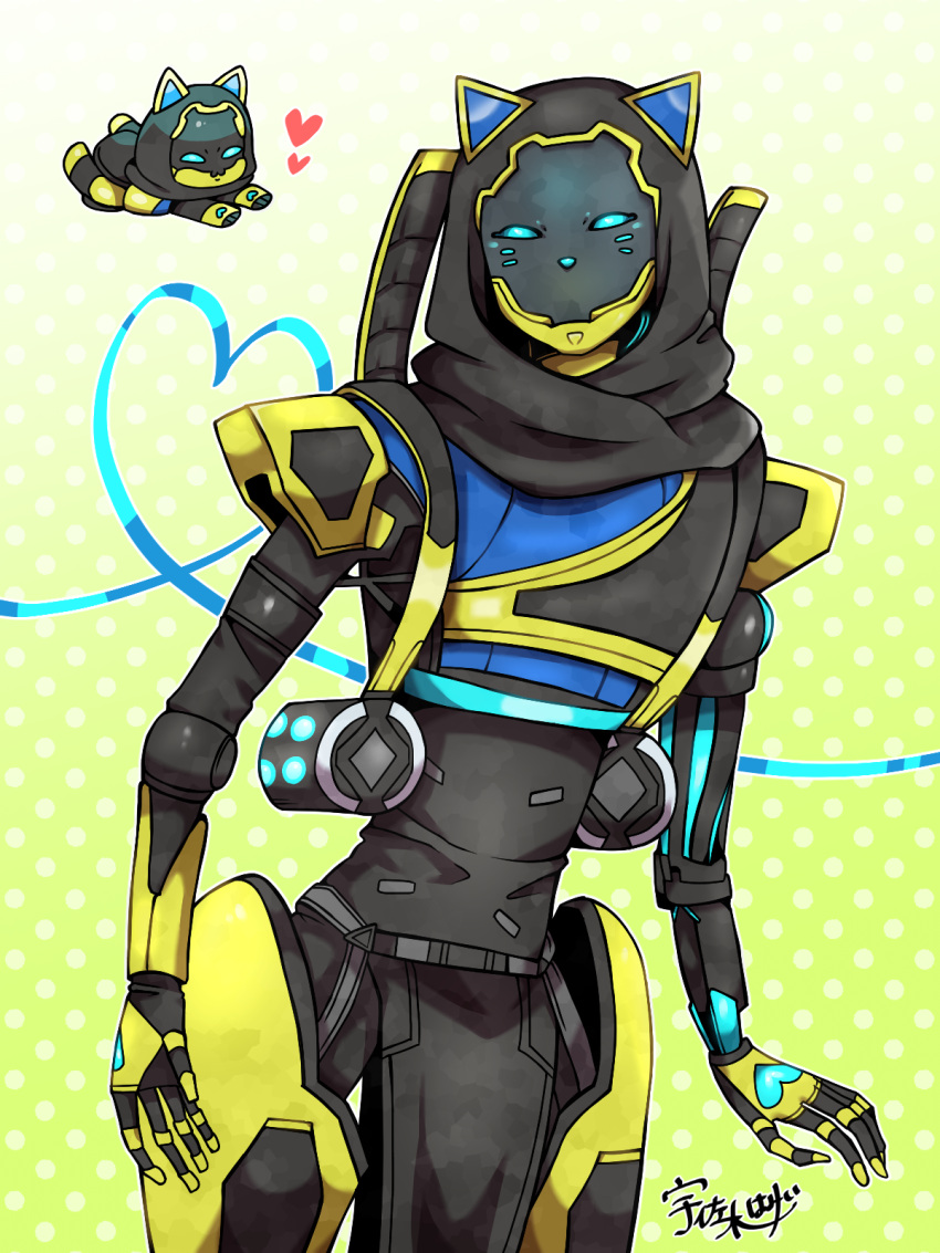 animal_ears, apex_legends, artist_name, cat_ears, chibi, chibi_inset, green_background, heart