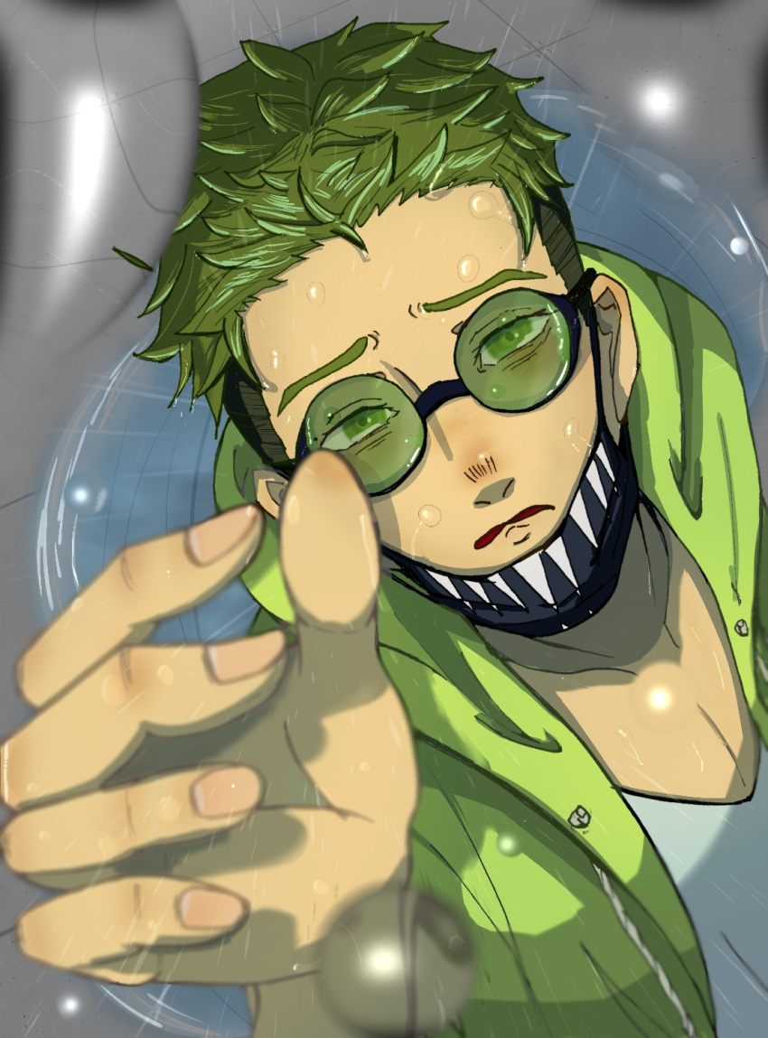 1boy, animification, apex_legends, collarbone, from_above, frown, glasses, green-tinted_eyewear