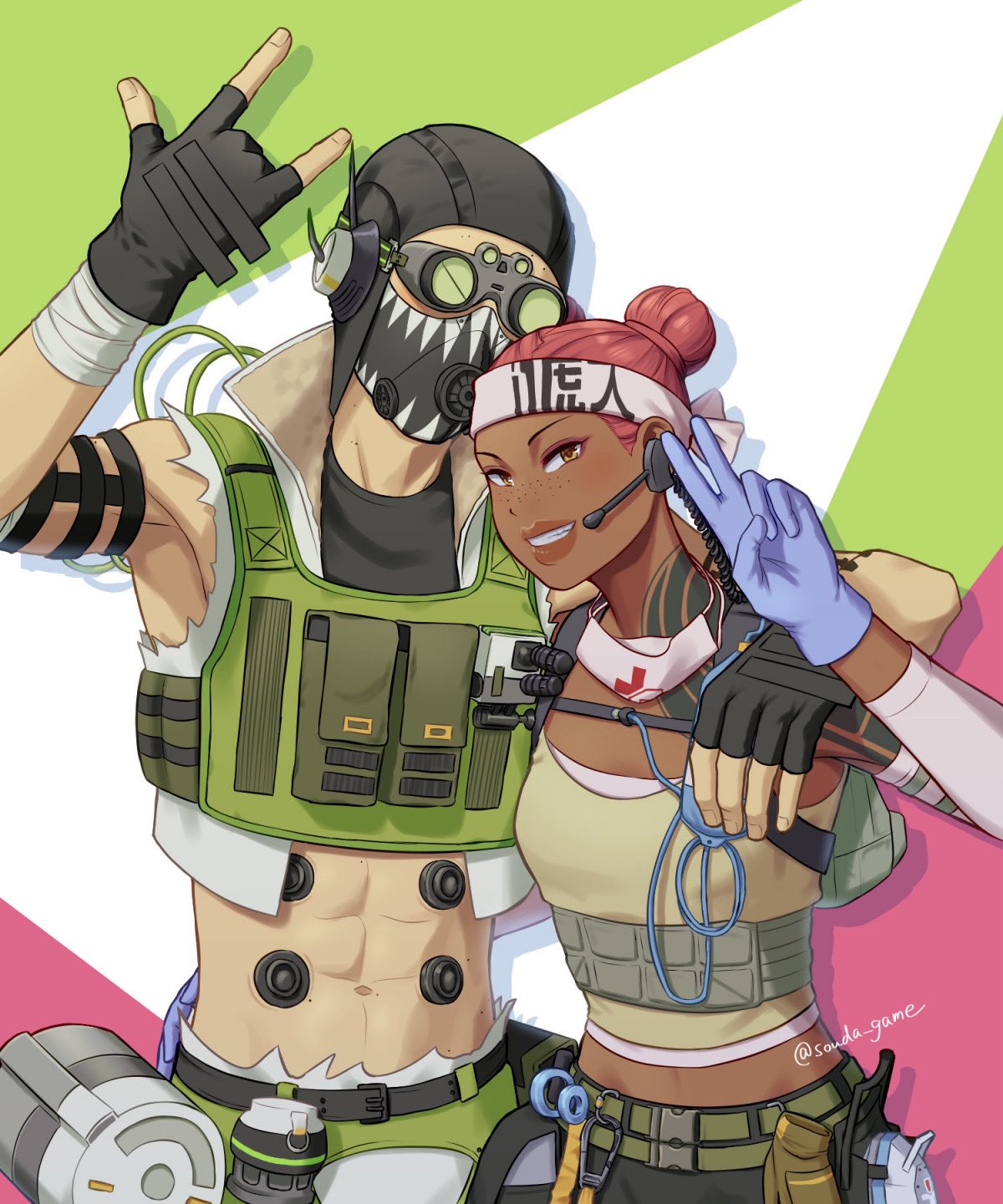 1boy, 1girl, \m/, abs, animification, apex_legends, arm_tattoo, aviator_cap