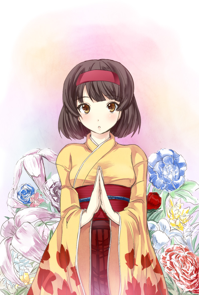 black_hair, blush, bob_cut, brown_eyes, commentary, erika_(pokemon), flower, furisode