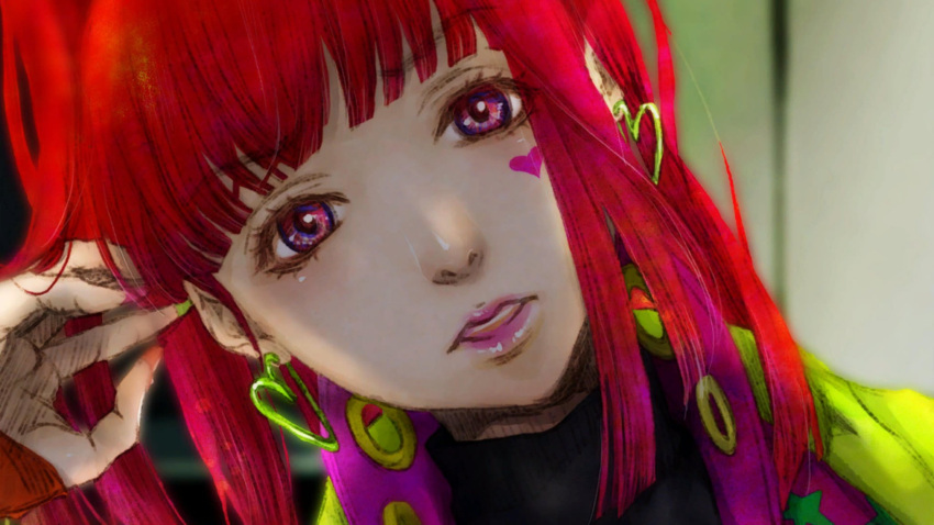 1girl, blunt_bangs, cotori_(globule), earrings, game_cg, gnosia, hair_between_eyes, heart, heart_earrings, heart_tattoo, high_ponytail, highres, jewelry, long_hair, long_sleeves, looking_at_viewer, nail_polish, official_art, red_eyes, redhead, solo, sq_(gnosia), tattoo, third-party_source, turtleneck, upper_body