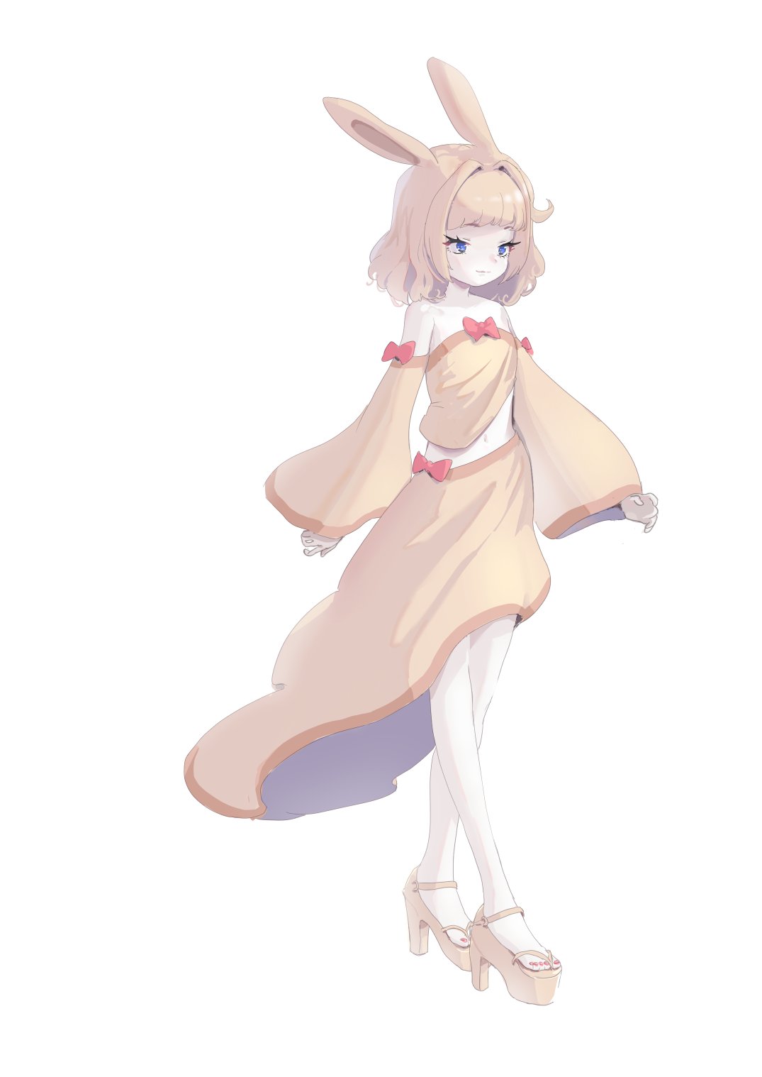 1girl, animal_ears, blonde_hair, blue_eyes, bow, bow_skirt, closed_mouth, commentary_request