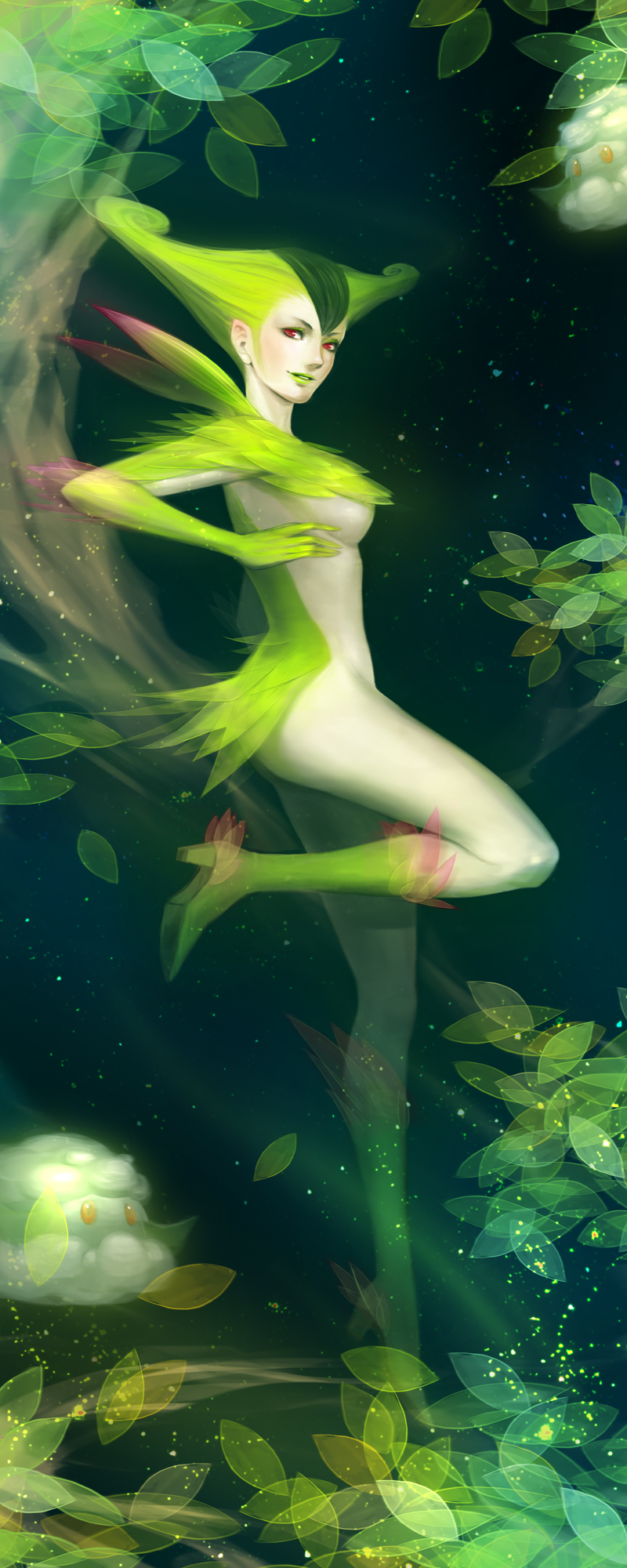 1girl, cottonee, green_hair, highres, kabu_kabu, personification, pokemon, pokemon_(game)