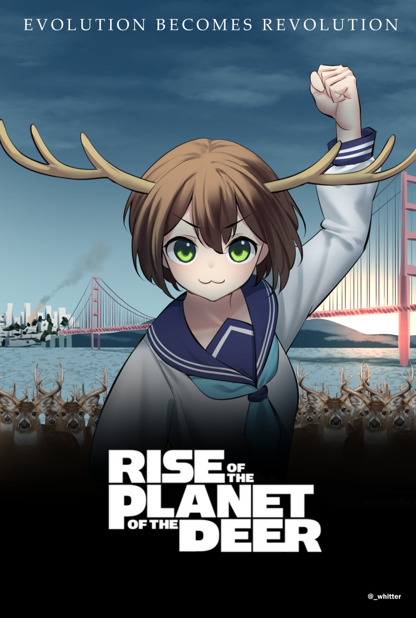 1girl, :3, absurdres, antlers, arm_up, artist_name, blue_neckerchief, blue_sailor_collar