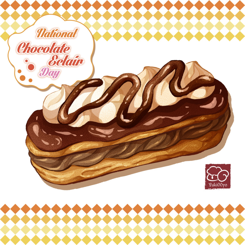artist_logo, artist_name, chocolate_syrup, eclair_(food), food, food_focus, food_name, highres