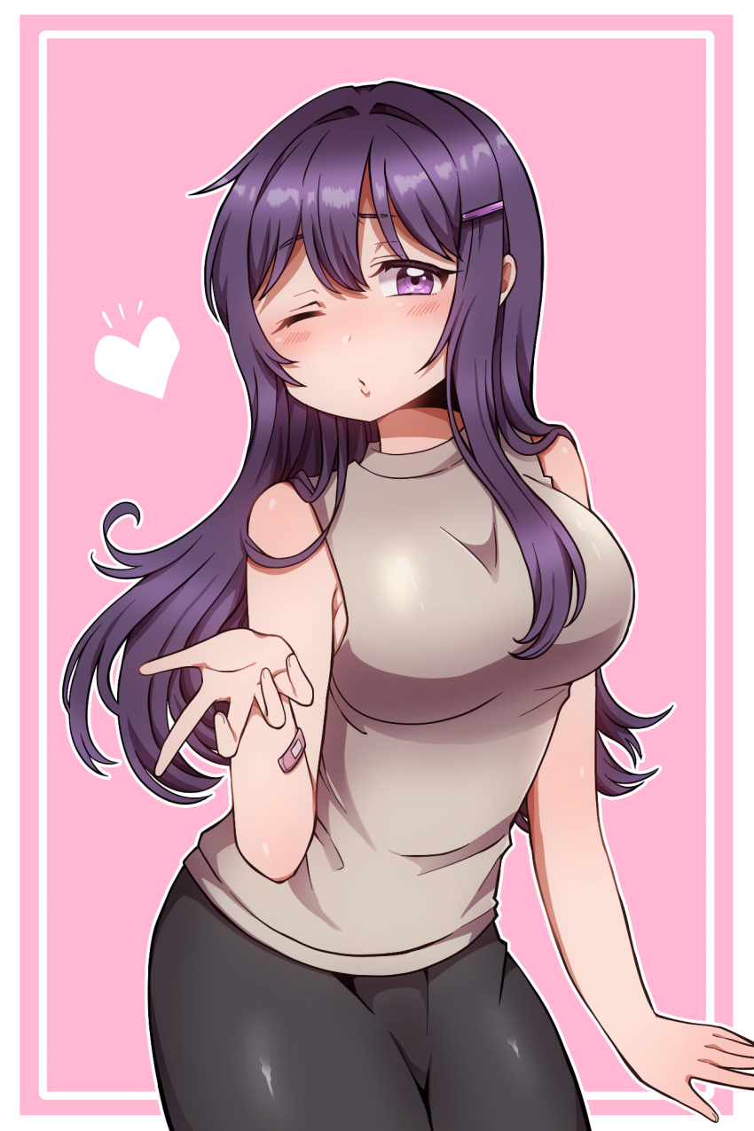 1girl, bandaid, bandaid_on_arm, black_pants, blowing_kiss, border, breasts, brown_shirt