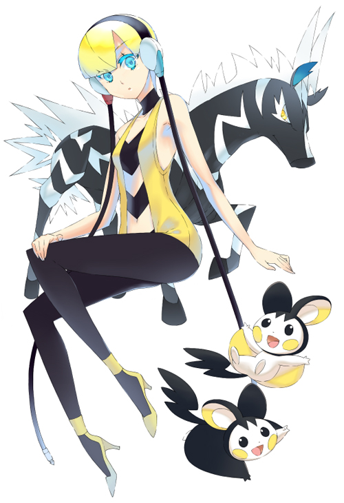 armpits, bare_shoulders, black_eyes, black_pantyhose, blonde_hair, blue_eyes, bob_cut, cable, choker, colored_eyelashes, emolga, glow, gym_leader, halterneck, headphones, heels, high_heels, kamitsure_(pokemon), lesskiss, midriff, navel, navel_cutout, nintendo, open_mouth, pantyhose, pokemon, pokemon_(game), pokemon_black_and_white, pokemon_bw, short_hair, simple_background, smile, yellow_eyes, zebstrika
