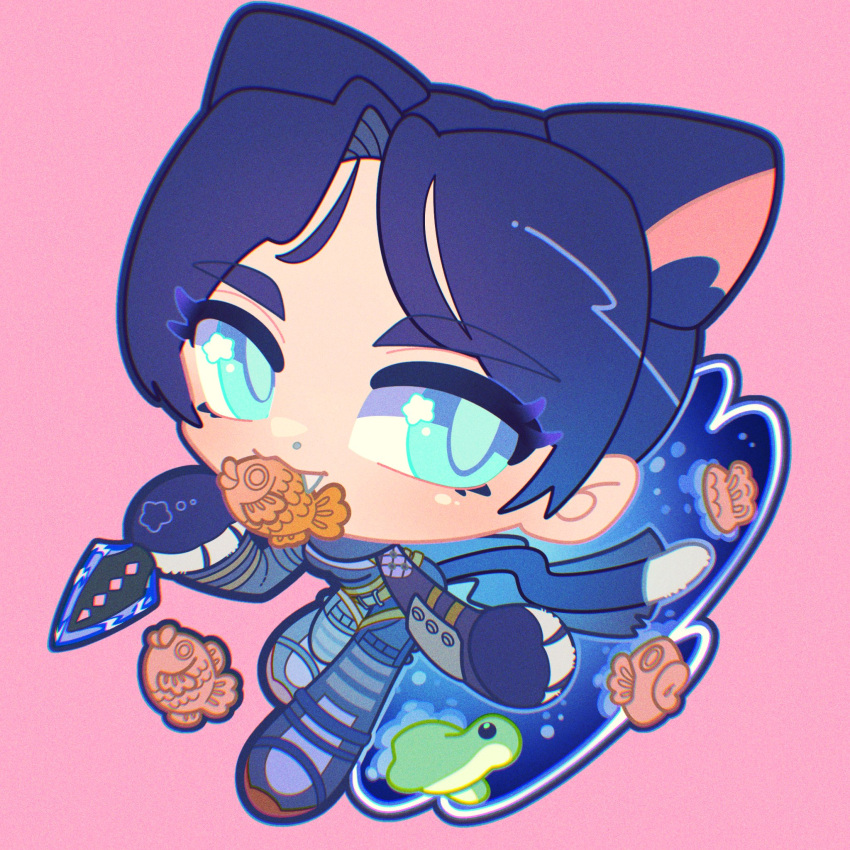 1girl, abyuramu_yukidaruma, animal_ears, animification, apex_legends, black_bodysuit, black_footwear, black_gloves, black_hair, blue_eyes, blush, bodysuit, boots, cat_ears, cat_girl, cat_tail, chibi, food, gloves, hair_behind_ear, highres, holding, holding_knife, hope's_dusk_(apex_legends), kemonomimi_mode, knife, kunai, looking_to_the_side, nessie_(respawn), pink_background, portal_(object), simple_background, smile, solo, star_(symbol), star_in_eye, symbol_in_eye, tail, taiyaki, wagashi, weapon, wraith_(apex_legends)