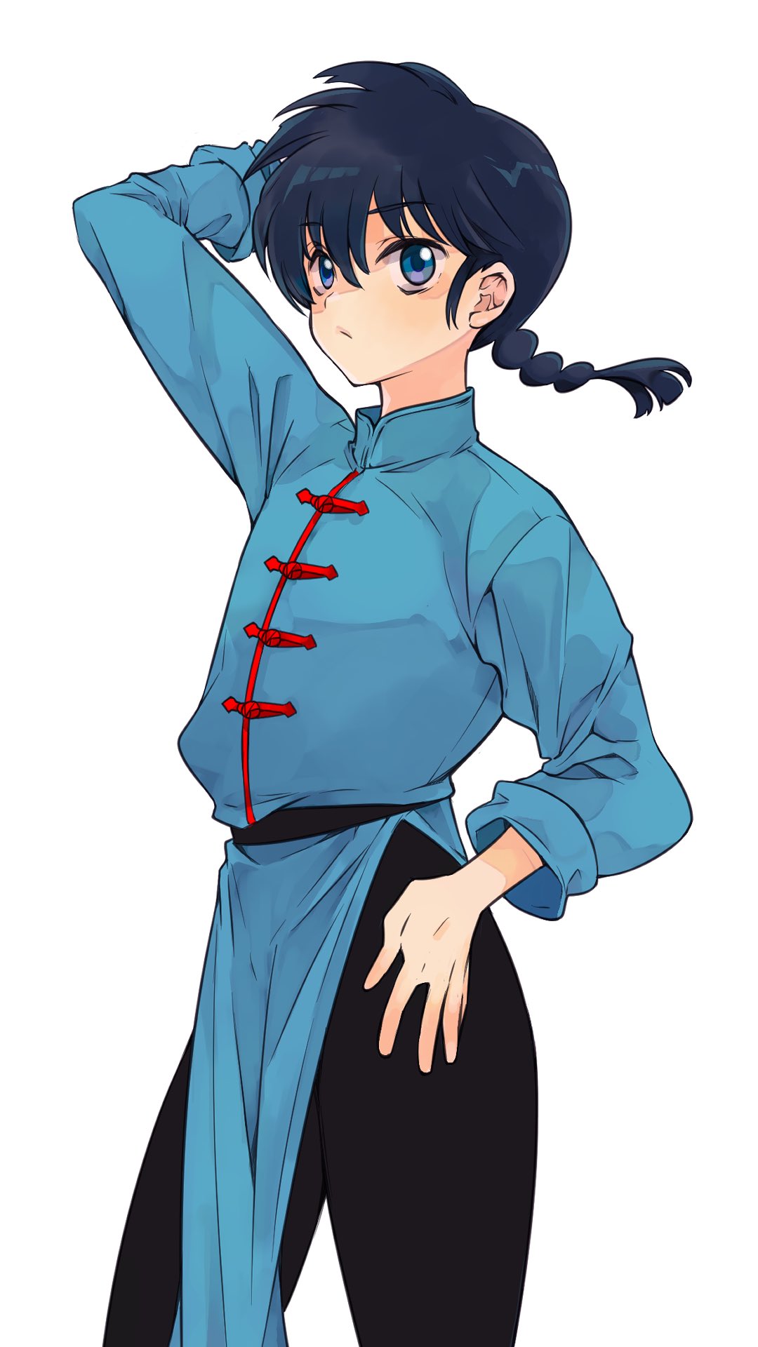1boy, arms_behind_head, belt, black_belt, black_hair, black_pants, blue_eyes, blue_shirt