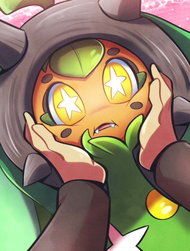 cheek_squash, drawfag, fangs, hands_on_another's_cheeks, hands_on_another's_face, horns, looking_at_viewer, ogerpon