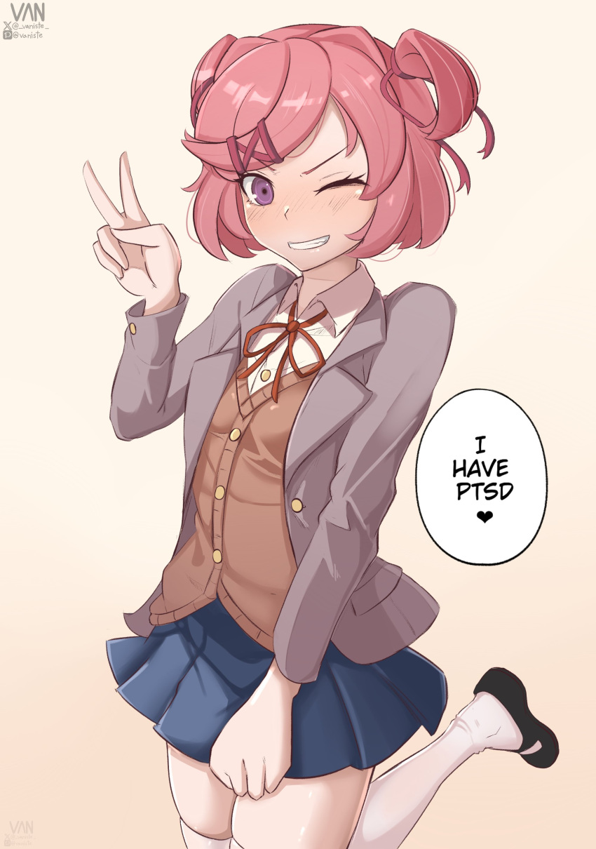 1girl, absurdres, artist_logo, artist_name, black_footwear, blue_skirt, blush, bob_cut