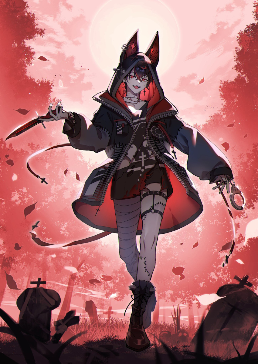 1boy, animal_ear_hood, animal_hood, bandaged_leg, bandaged_neck, bandages, black_footwear, black_hair