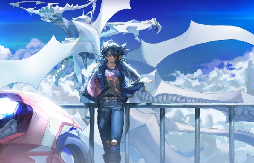 1boy, 1other, against_railing, belt, black_hair, black_shirt, blue_eyes, blue_pants