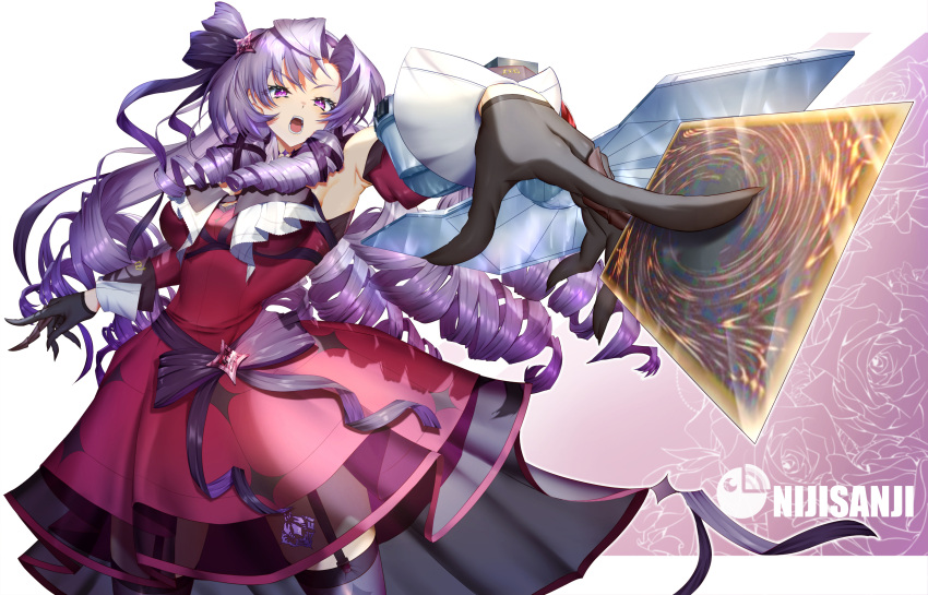 1girl, absurdres, armpits, black_gloves, black_thighhighs, card, commentary_request, copyright_name