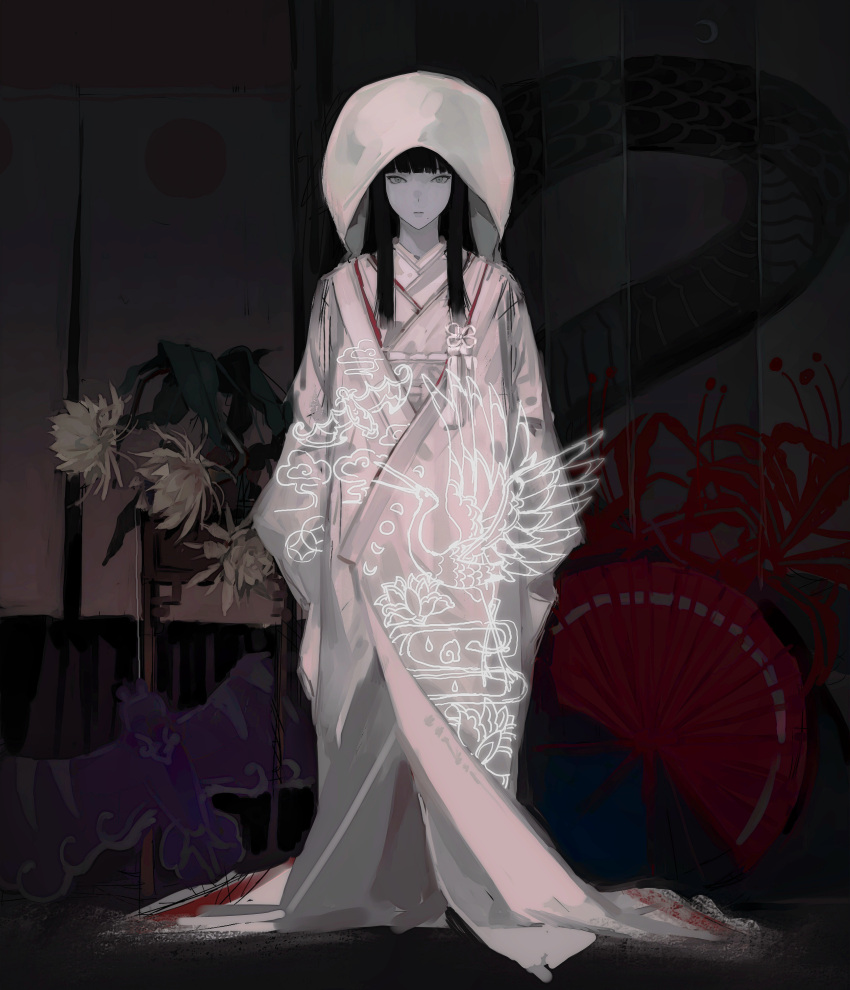 1girl, absurdres, alternate_costume, bird, black_hair, blunt_bangs, colored_skin, crane_(animal), epiphyllum, expressionless, final_fantasy, final_fantasy_xiv, flower, folding_fan, folding_screen, full_body, green_eyes, hand_fan, highres, hood, hood_up, hyur, japanese_clothes, jidappeng, kimono, leaf, long_hair, looking_at_viewer, sidelocks, solo_focus, spider_lily, standing, straight-on, straight_hair, white_flower, white_kimono, white_skin, wide_sleeves, wilted_flower, yotsuyu_goe_brutus