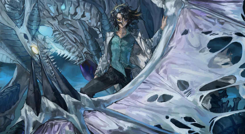 1boy, black_hair, black_pants, blue_eyes, blue_shirt, dragon, dress_shirt, flying