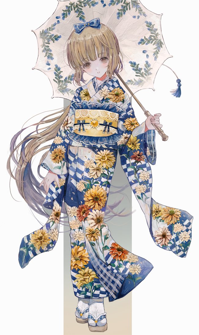 1girl, alternate_costume, arm_at_side, birthday, blue_bow, blue_kimono, blunt_bangs, blush