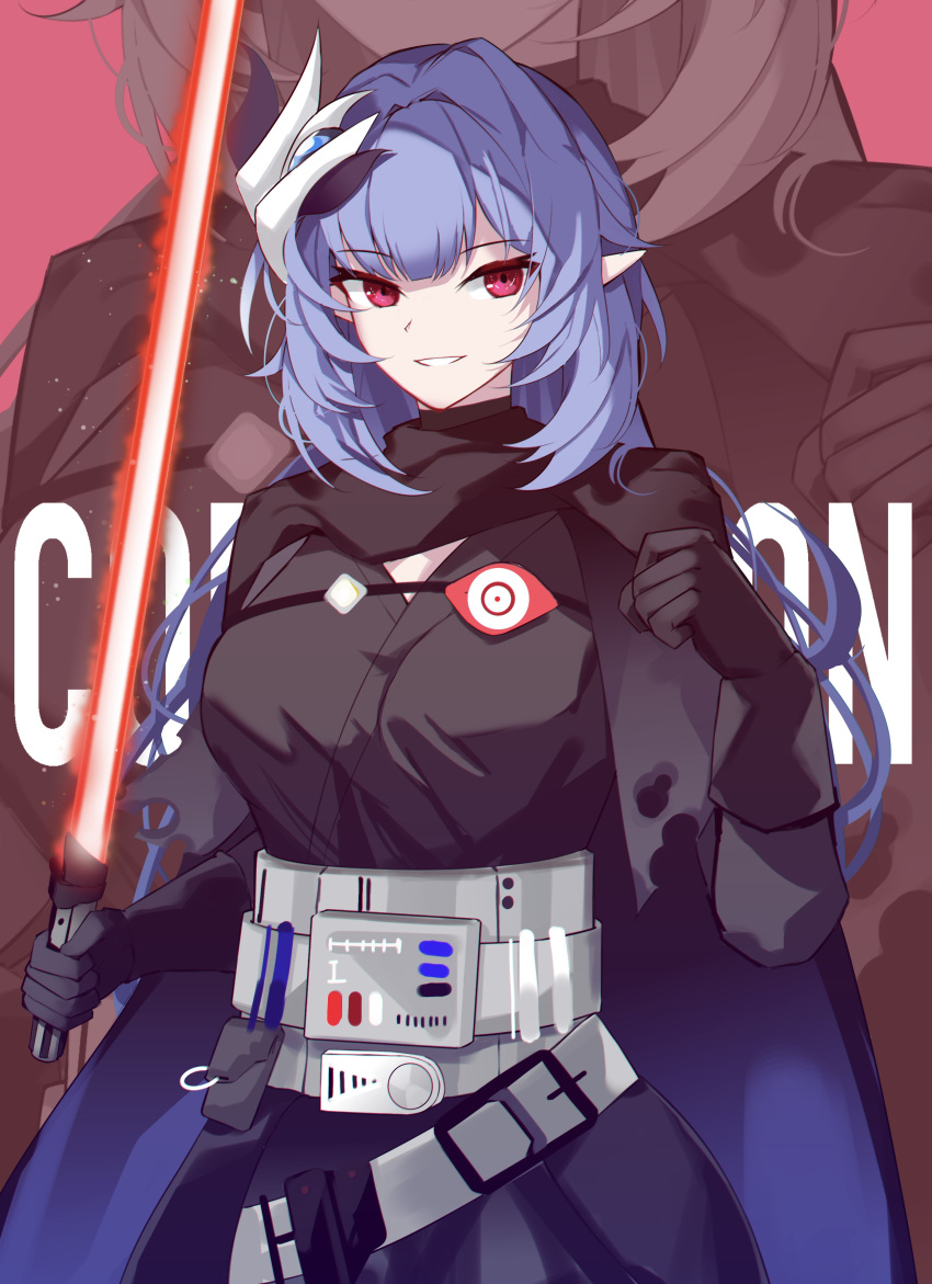 1girl, absurdres, black_cape, black_gloves, black_suit, blue_hair, breasts, cape