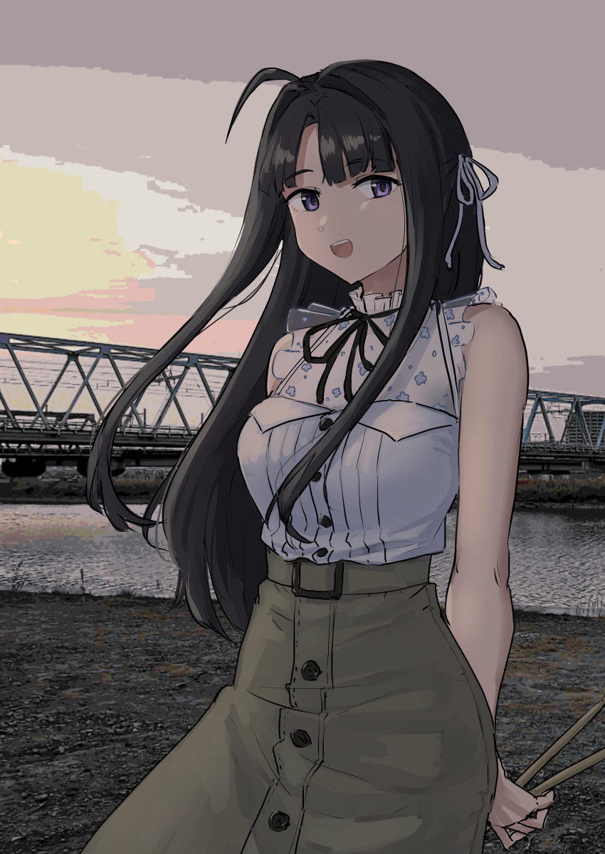 1girl, absurdres, ahoge, awa_subaru, black_hair, black_ribbon, breasts, brown_skirt