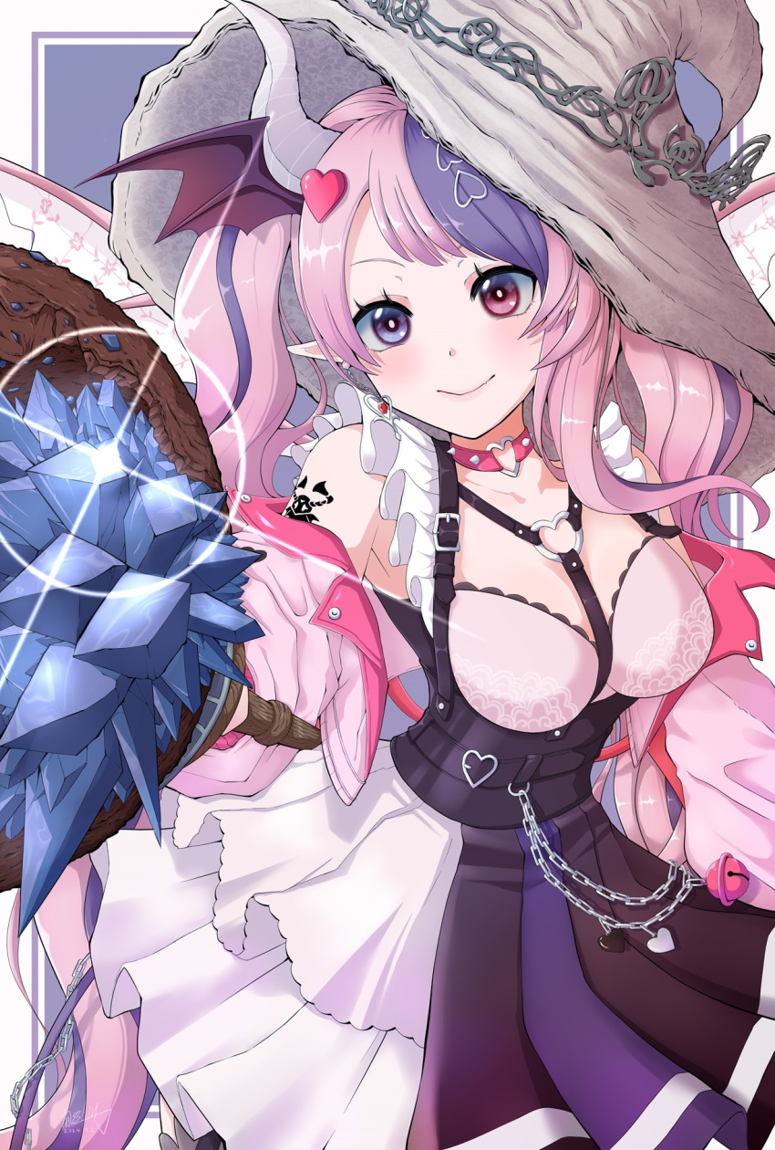 1girl, black_skirt, choker, cropped_jacket, demon_girl, demon_horns, demon_wings, hair_ornament