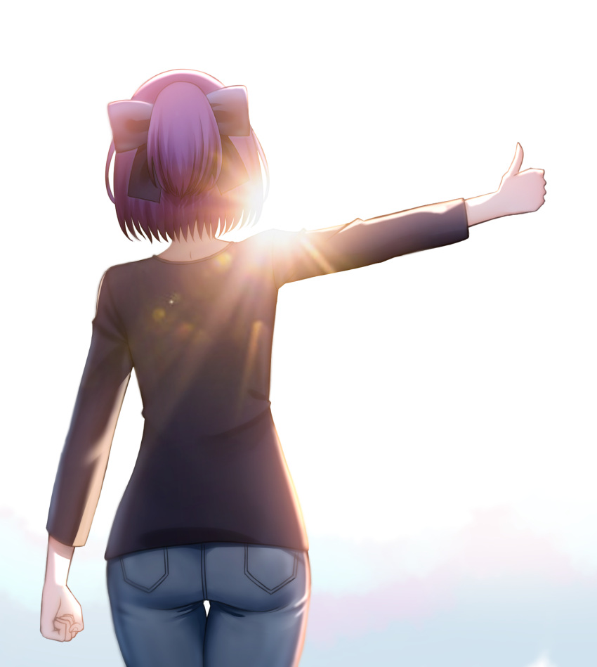 1girl, a-chan_(1st_costume)_(hololive), a-chan_(hololive), black_shirt, blue_bow, blue_pants, bow, commentary
