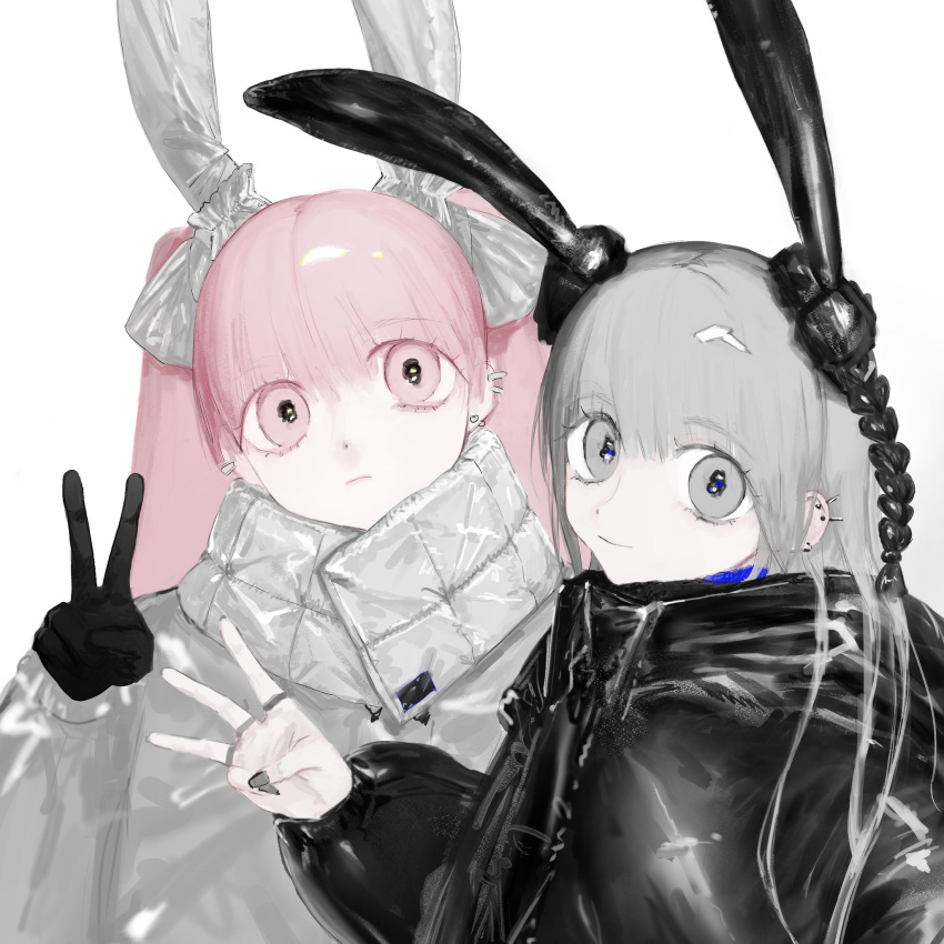 2023, 2girls, animal_ears, bad_id, bad_twitter_id, black_coat, black_gloves, chinese_zodiac