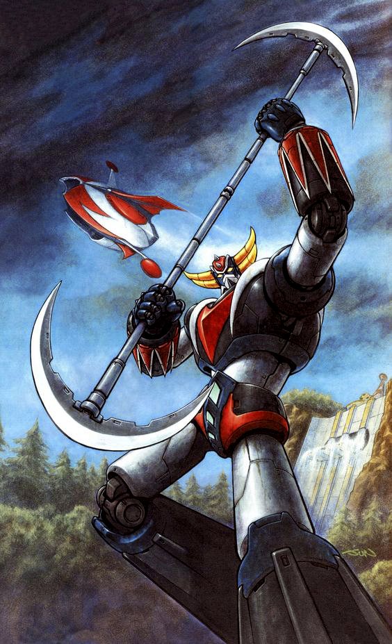 clenched_hands, grendizer, holding, holding_weapon, horns, looking_at_viewer, mazinger_(series), mecha