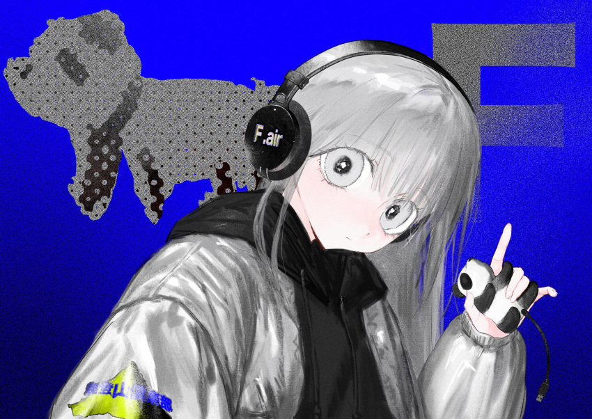 1girl, \n/, bad_id, bad_twitter_id, black_hoodie, blue_background, blush, closed_mouth
