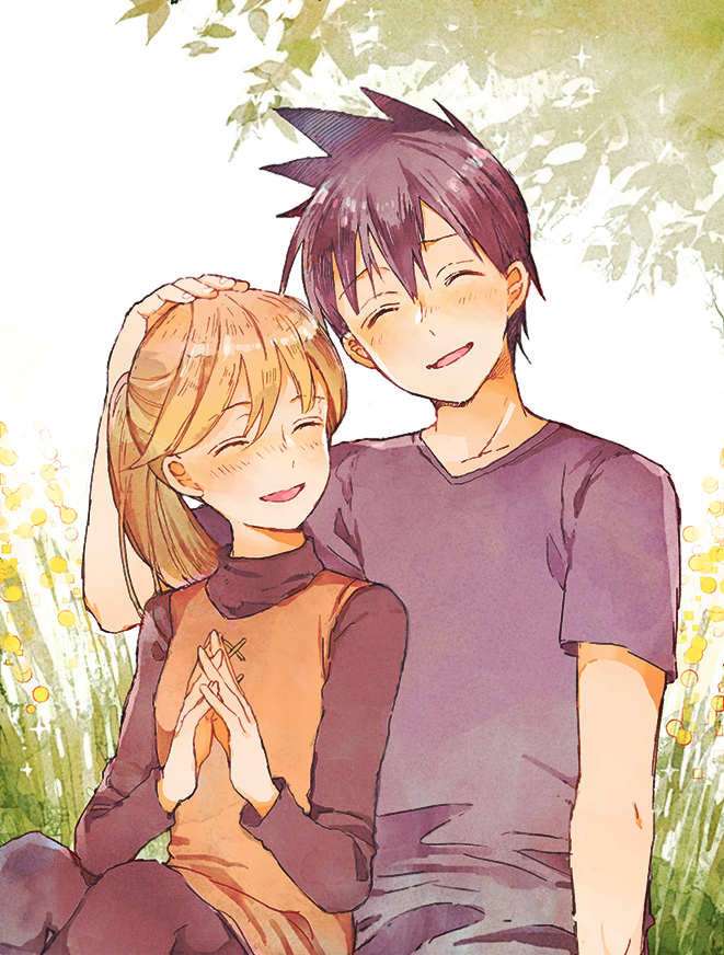1boy, 1girl, black_hair, black_undershirt, blonde_hair, blush, closed_eyes, cross-laced_clothes