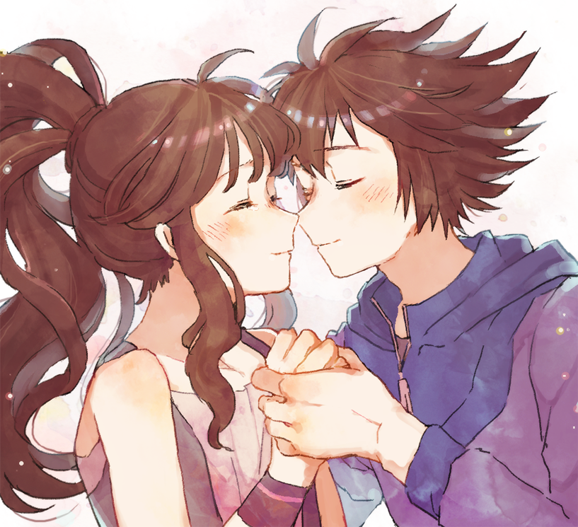 1boy, 1girl, black_jacket, black_wristband, blue_jacket, blue_shirt, blush, brown_hair, closed_eyes, couple, high_ponytail, hilbert_(pokemon), hilda_(pokemon), holding_hands, hood, hood_down, jacket, long_hair, long_sleeves, no_headwear, noses_touching, pokemon, pokemon_adventures, pokemon_bw, pompompom123, ponytail, shirt, short_hair, sidelocks, sleeveless, sleeveless_jacket, smile, vest, white_shirt, white_vest, wristband, zipper_pull_tab
