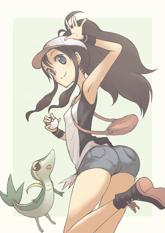 armpits, ass, bad_id, bag, bare_shoulders, baseball_cap, blue_eyes, boots, brown_eyes, brown_hair, denim, denim_shorts, hat, high_ponytail, leg_up, legs, long_hair, looking_back, motofumi, nintendo, open_mouth, poke_ball, pokemon, pokemon_(game), pokemon_black_and_white, pokemon_bw, ponytail, short_shorts, shorts, simple_background, smile, snivy, socks, touko_(pokemon), vest, waving, wristband