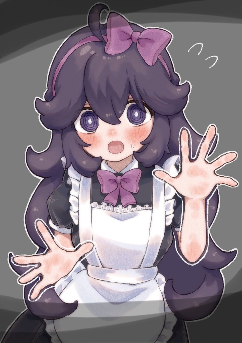 1girl, @_@, absurdres, against_fourth_wall, against_glass, ahoge, alternate_costume, apron, black_dress, black_hair, blush, bow, bowtie, commentary, cowboy_shot, dress, embarrassed, enmaided, flying_sweatdrops, frilled_apron, frills, hairband, hands_up, hex_maniac_(pokemon), highres, kuroshiro_(lilymofumofu), maid, maid_apron, messy_hair, nervous_sweating, open_mouth, pokemon, pokemon_(creature), pokemon_xy, purple_bow, purple_bowtie, purple_hairband, solo, sweat, waist_apron