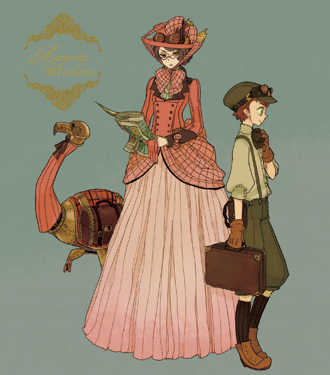brown_eyes, brown_hair, cabbie_hat, dress, glasses, goggles, goggles_on_head, green_eyes, hat, kneehighs, l_hakase, open_mouth, original, pixiv_steampunk, red_hair, redhead, robot, short_hair, steampunk, suitcase, suspenders