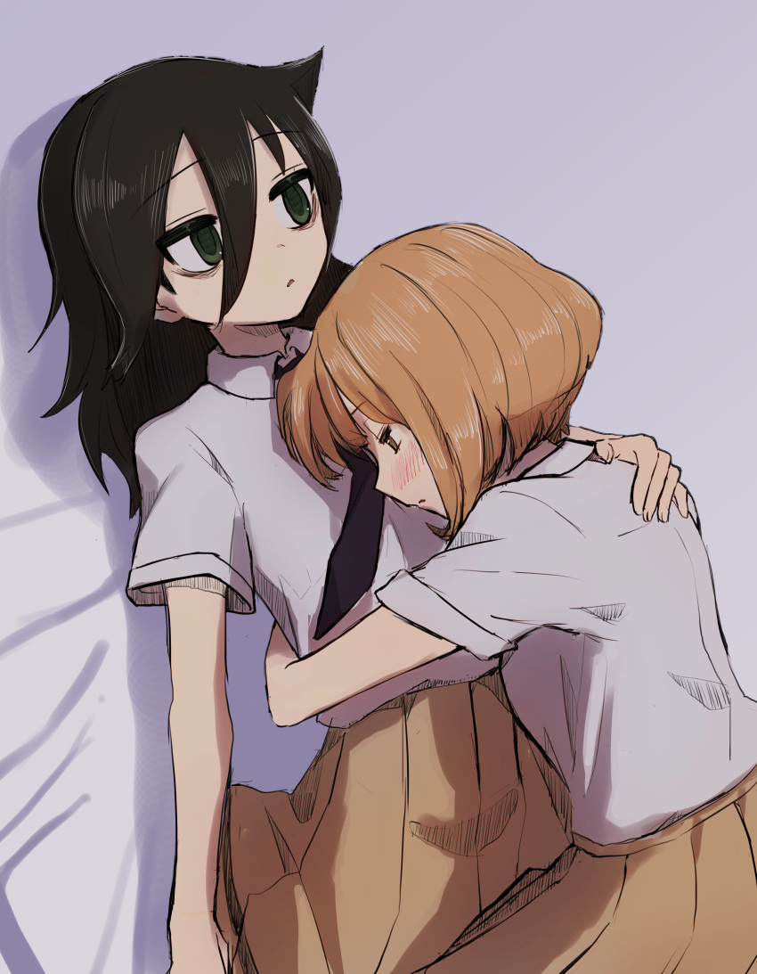 2girls, absurdres, bags_under_eyes, black_hair, black_necktie, blush, brown_skirt, collared_shirt