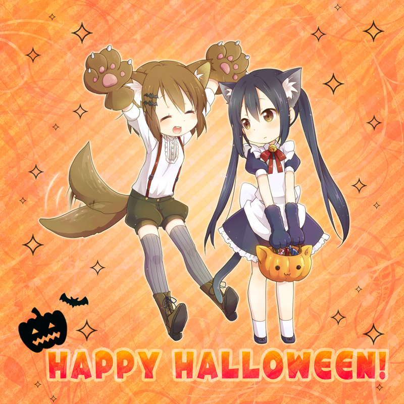 black_hair, brown_eyes, brown_hair, candy, cat_ears, closed_eyes, dress, halloween, hirasawa_yui, jack-o'-lantern, jack-o'-lantern, k-on!, kemonomimi_mode, koyu, long_hair, nakano_azusa, paws, pumpkin, suspenders, tail, tail_wagging, thigh-highs, thighhighs, twintails