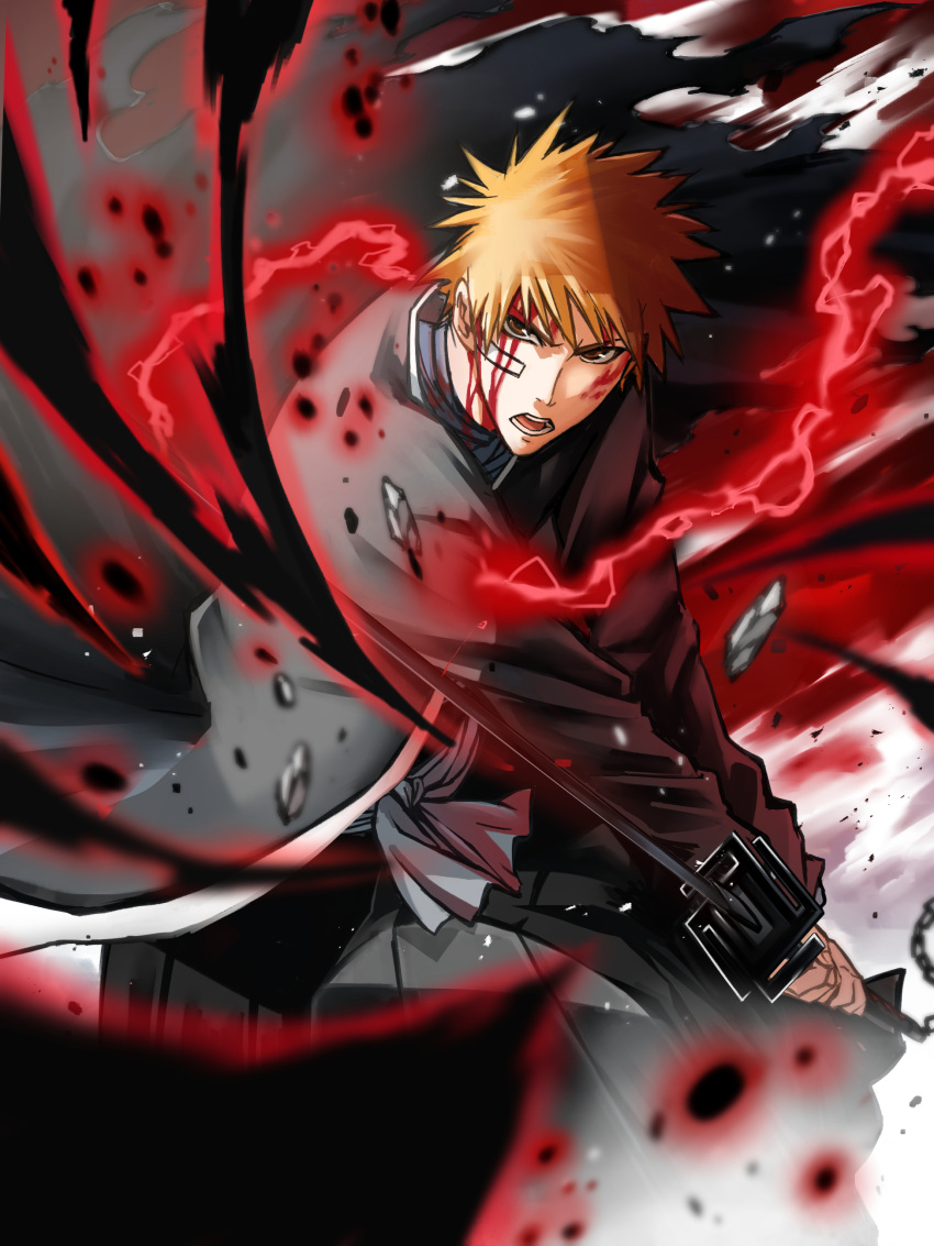 1boy, absurdres, bankai, black_hakama, bleach, blood, blood_on_face, brown_eyes, getsuga_tensho, hair_between_eyes, hakama, haori, highres, holding, holding_sword, holding_weapon, japanese_clothes, katana, kurosaki_ichigo, long_sleeves, looking_at_viewer, male_focus, nihil29, orange_hair, short_hair, solo, spiky_hair, sword, taichou_haori, tensa_zangetsu_(bankai), weapon