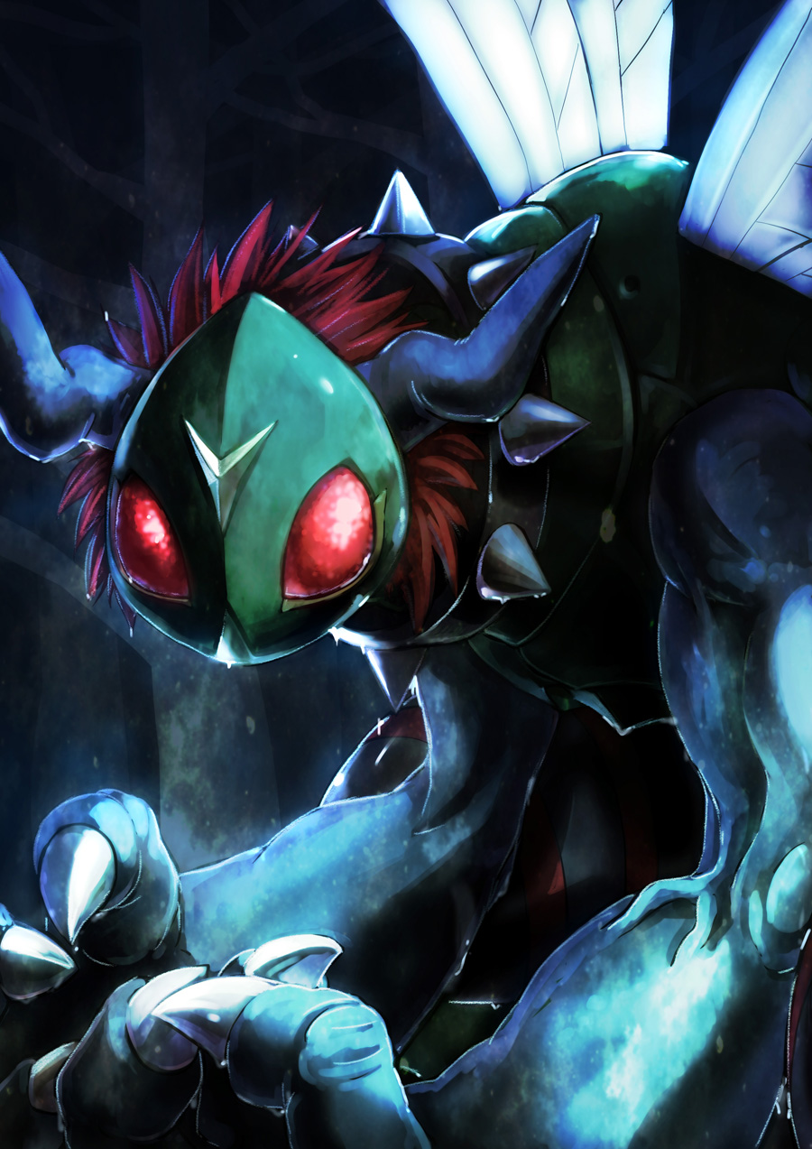armor, blue_horns, blue_skin, bug, claws, collar, colored_skin, compound_eyes