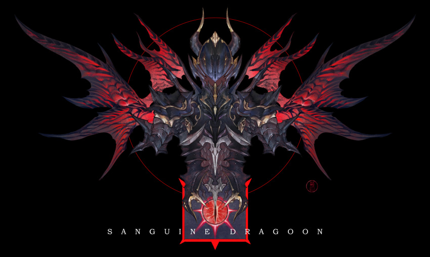 1boy, armor, artist_name, black_background, breastplate, circle, covered_face, cropped_torso, dragon_wings, dragoon_(final_fantasy), estinien_varlineau, eyeball, facing_viewer, fake_horns, final_fantasy, final_fantasy_xiv, full_armor, helmet, highres, horned_helmet, horns, male_focus, pauldrons, ruoyi120, shoulder_armor, solo, straight-on, upper_body, wings