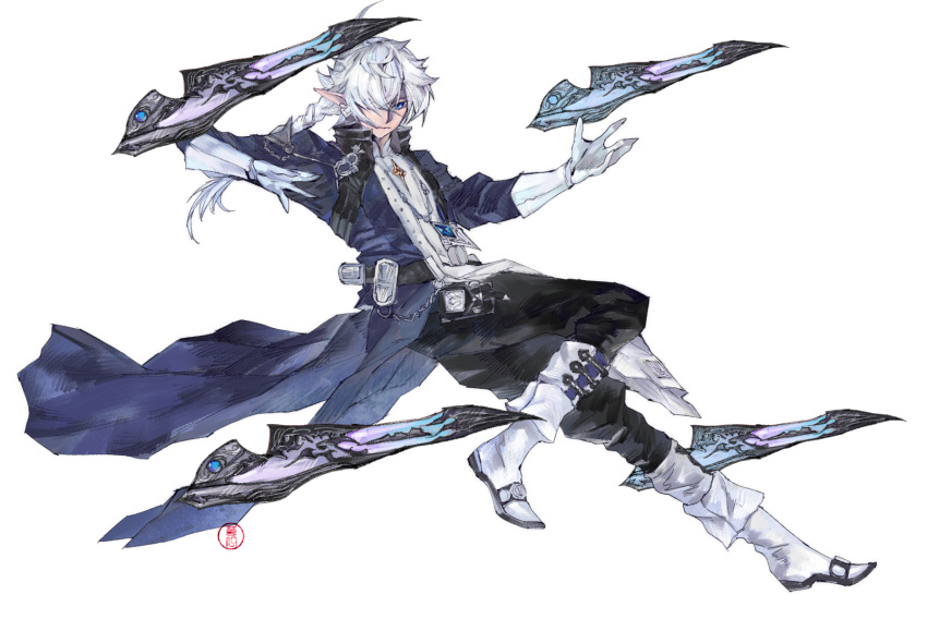 1boy, alphinaud_leveilleur, artist_name, belt, black_pants, blue_coat, blue_eyes, boots
