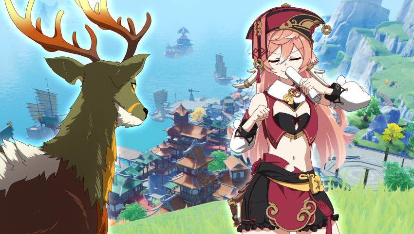 1girl, black_shorts, blue_sky, closed_eyes, closed_mouth, dancing, day, deer