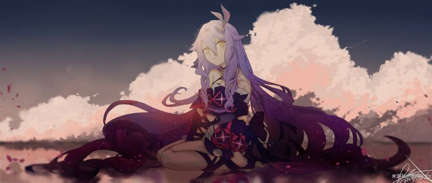 1girl, bare_shoulders, blue_sky, closed_mouth, clouds, cloudy_sky, dress, full_body