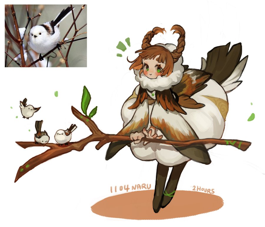 1girl, artist_name, bird, black_thighhighs, blush_stickers, braid, brown_hair, c: