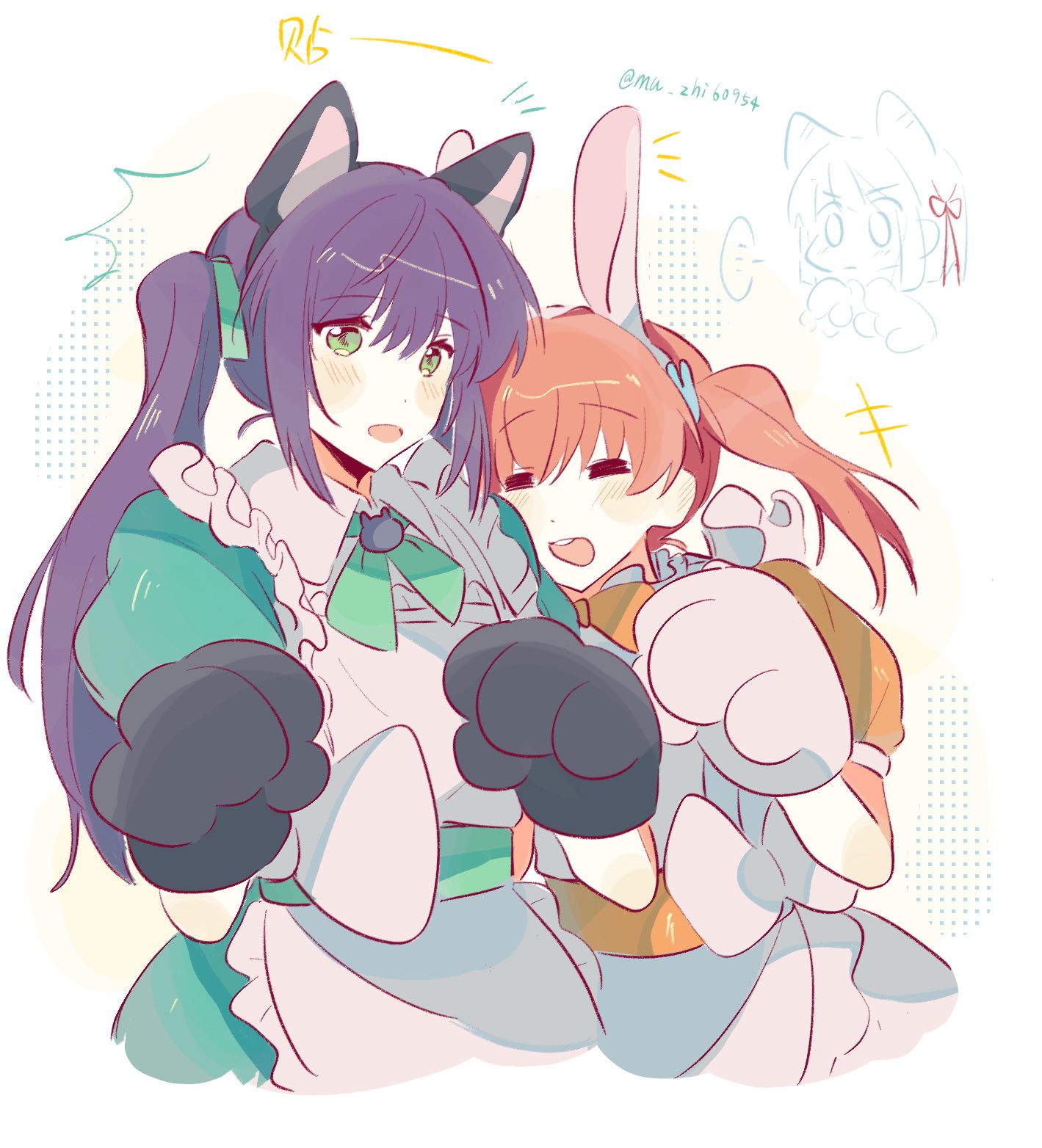 +++, ..., 3girls, :d, =_=, ^^^, animal_ear_hairband, animal_ears