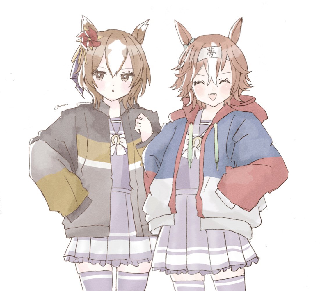 2girls, :d, ^_^, bamboo_memory_(umamusume), black_jacket, blue_jacket, blush, bow