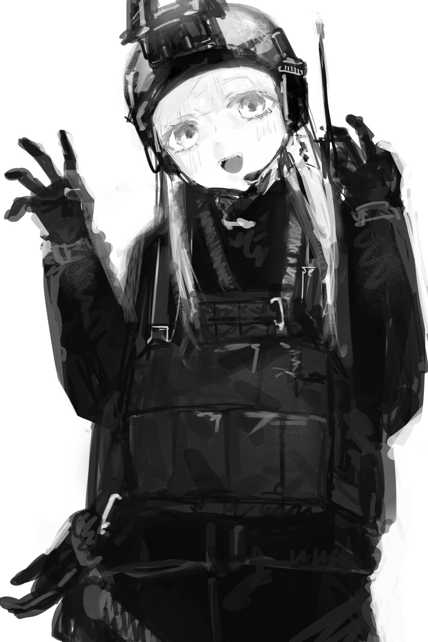 1girl, bad_id, bad_twitter_id, bulletproof_vest, fcx4l, gloves, greyscale, hands_up, helmet, highres, inactive_account, jacket, long_hair, long_sleeves, looking_at_viewer, monochrome, open_mouth, original, simple_background, smile, solo, white_background